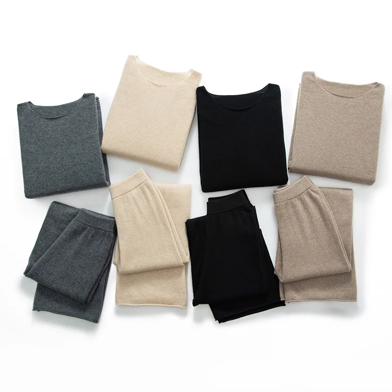 Women 100% Cashmere Sweater Pullover Wide Leg Pants Sets Autumn Winter Knit Tops Straigh Pants High Waist Soft Knitwear Trousers