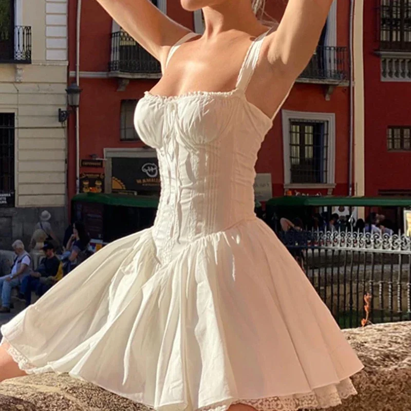 Elegant and Sweet Robe, White, High Quality, Holiday Party New 2026 Sleeveless Mini Corset Dress with Lace Panel, A-line Dress