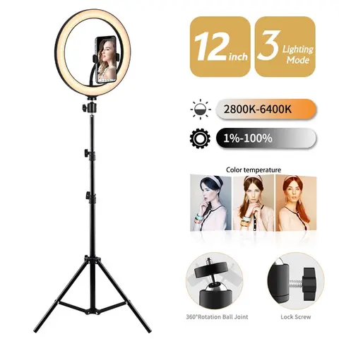 12 นิ้วแหวนแสง 26 ซม.LED Selfie การถ่ายภาพเติมโคมไฟ 50 ซม.ขาตั้งกล้องและรีโมทคอนโทรลสําหรับ Tik tok วิดีโอ Live เครื่องสําอางค์โคมไฟ