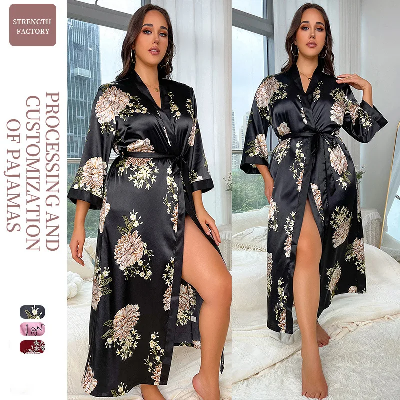 Large Size Robe Women Satin Print Flower Kimono Bath Gown V-Neck Sleepwear Gray Bathrobe Nightgown Summer Loungewear With Belt