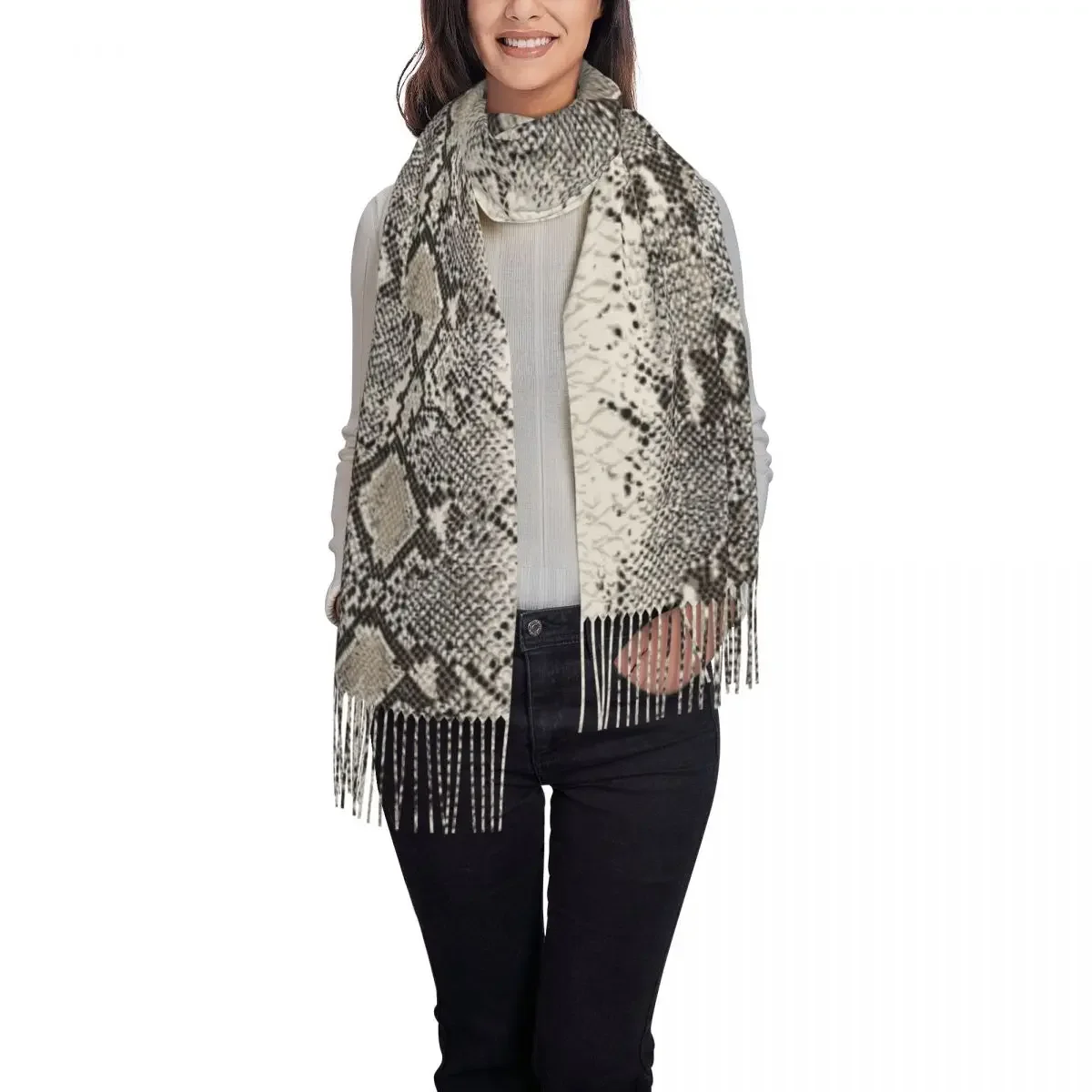 New Women Vintage Snake Skin Scarf Winter Shawls Thin Wrap Lady Tassel Warm  Hairy Bufanda