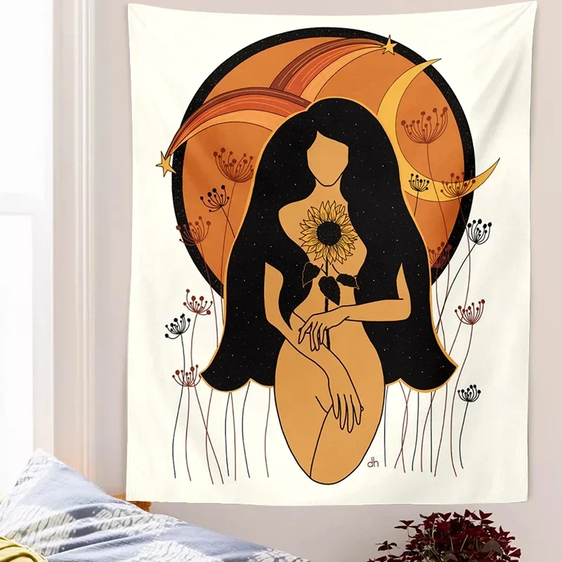 Psychedelic Mushroom Woman Tapestry Wall Hanging Mental Health Art Hippie Decor Fungi Woman Bohemian Feminine Tapestry