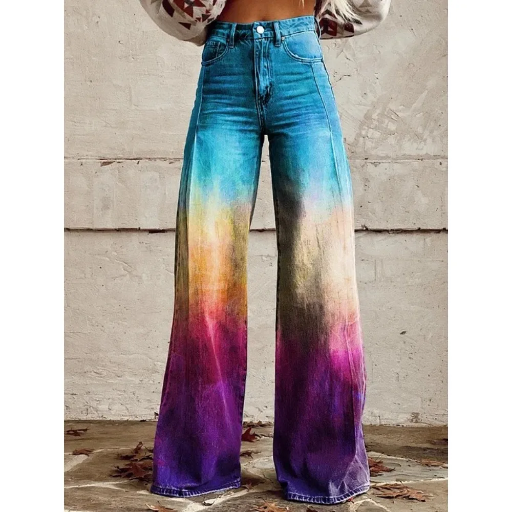Damen Y2K Tie-Dye Graffiti-Print Hose mit hoher Taille und weitem Bein, Farbverlauf, Streetwear, lässige, lockere Hose mit Taschen, XXS-3X – Detail 9