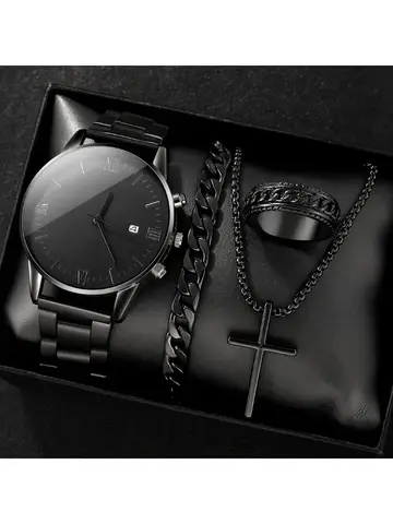 4-piece/set men's black minimalist quartz watch set with bracelet, necklace, and ring -