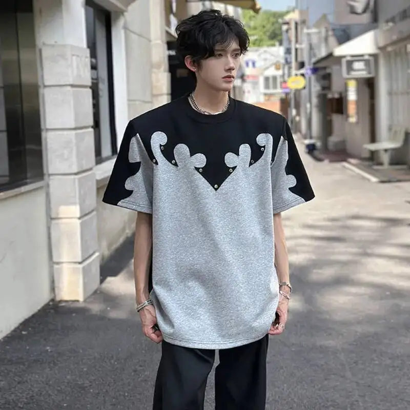 LUZHEN Summer 2025 Short Design Personalized Sleeve Color Contrast T-shirts Men's New Original Shoulder Pad Casual Tops JY7148
