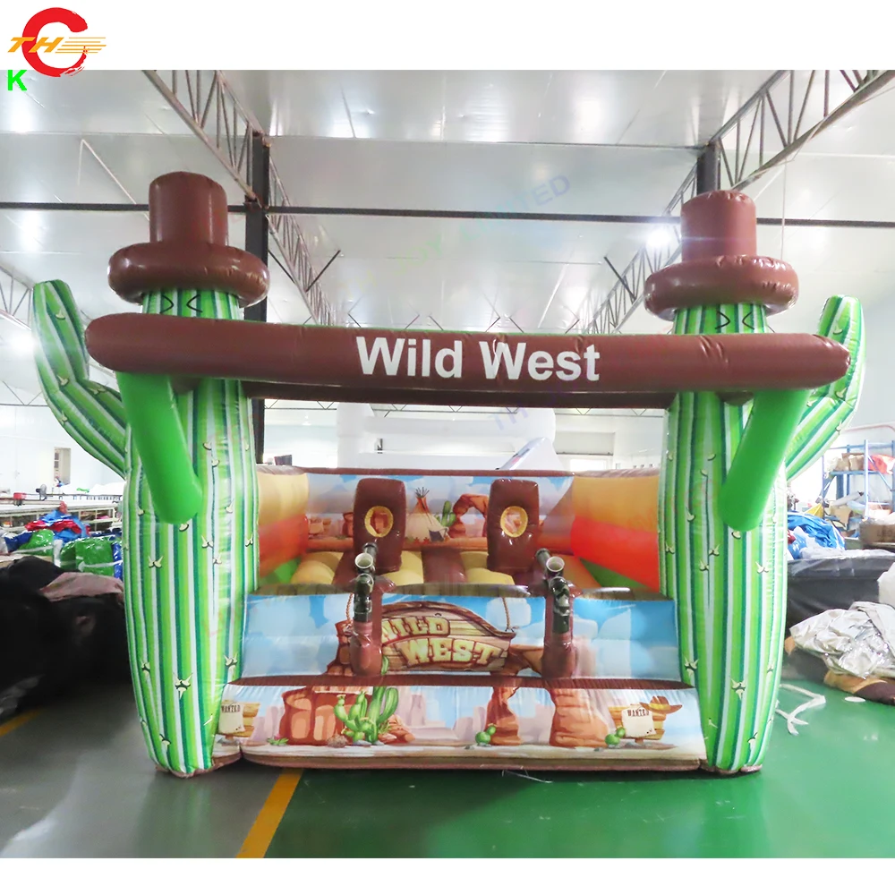 Navio de ar rápido 4.5x3.5x2.6mh west tema cactus bola arma jogo de tiro inflável carnaval brinquedos com ventilador para aluguel de festa