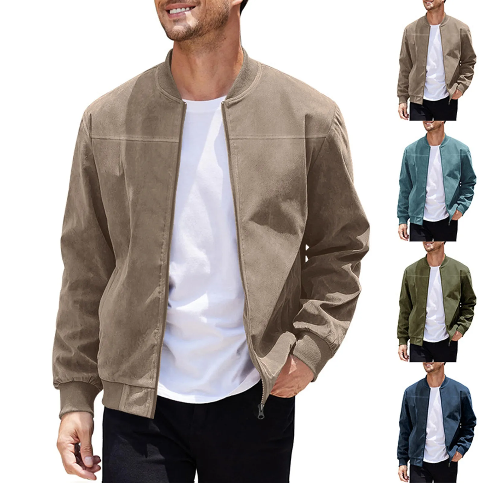 Men\'S Fashion Suede Solid Color Zipper Jacket Casual Vintage Long Sleeve Cardigan
