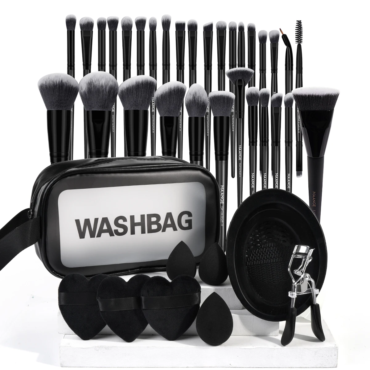 MAANGE 40pcs Makeup Tool Kit 31pcs Foundation Contour Eyeshadow Makeup Brush with Powder Puff Eyelash Curler Brush Cleaning Bowl