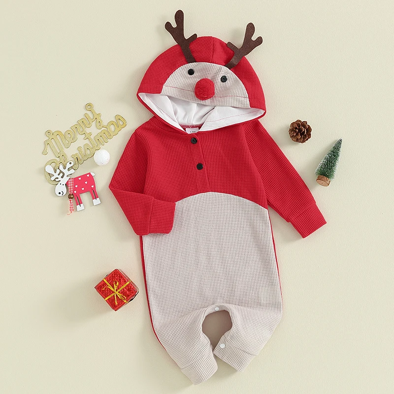 

Baby Girl Christmas Hooded Jumpsuit Costume Boy Long Sleeve Newborn Hoodie Romper Waffle Knit Fall Bodysuit