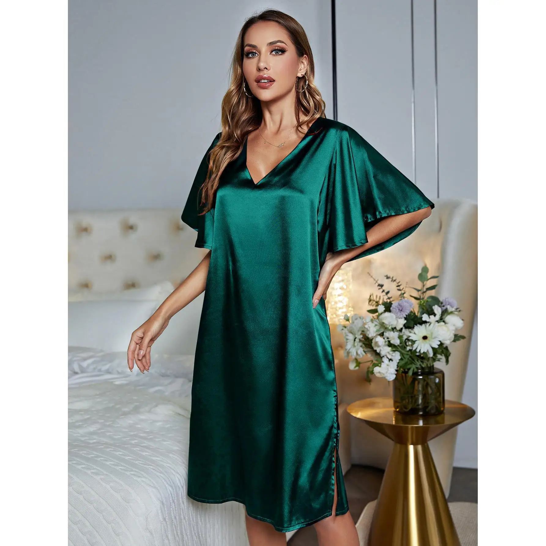 Pajamas Women Imitation Silk Home Clothes Solid Color V-neck Ice Silk Satin Nightdress Summer Night Wears for Women