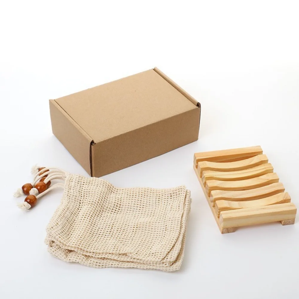 Self Draining Natural Wooden Soap Dish Pure Cotton Hanging Soap Bags Set Soap Saver Holder Tray for Shower Bathroom Accessories