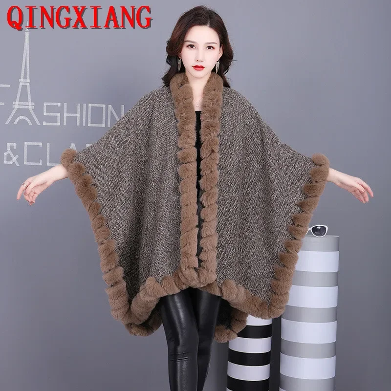 Women Winter Thick Shawl String Faux Fur Open Stitch Loose Poncho Big Pendulum Capes Cloak Black Coat With Velvet Lining Warm