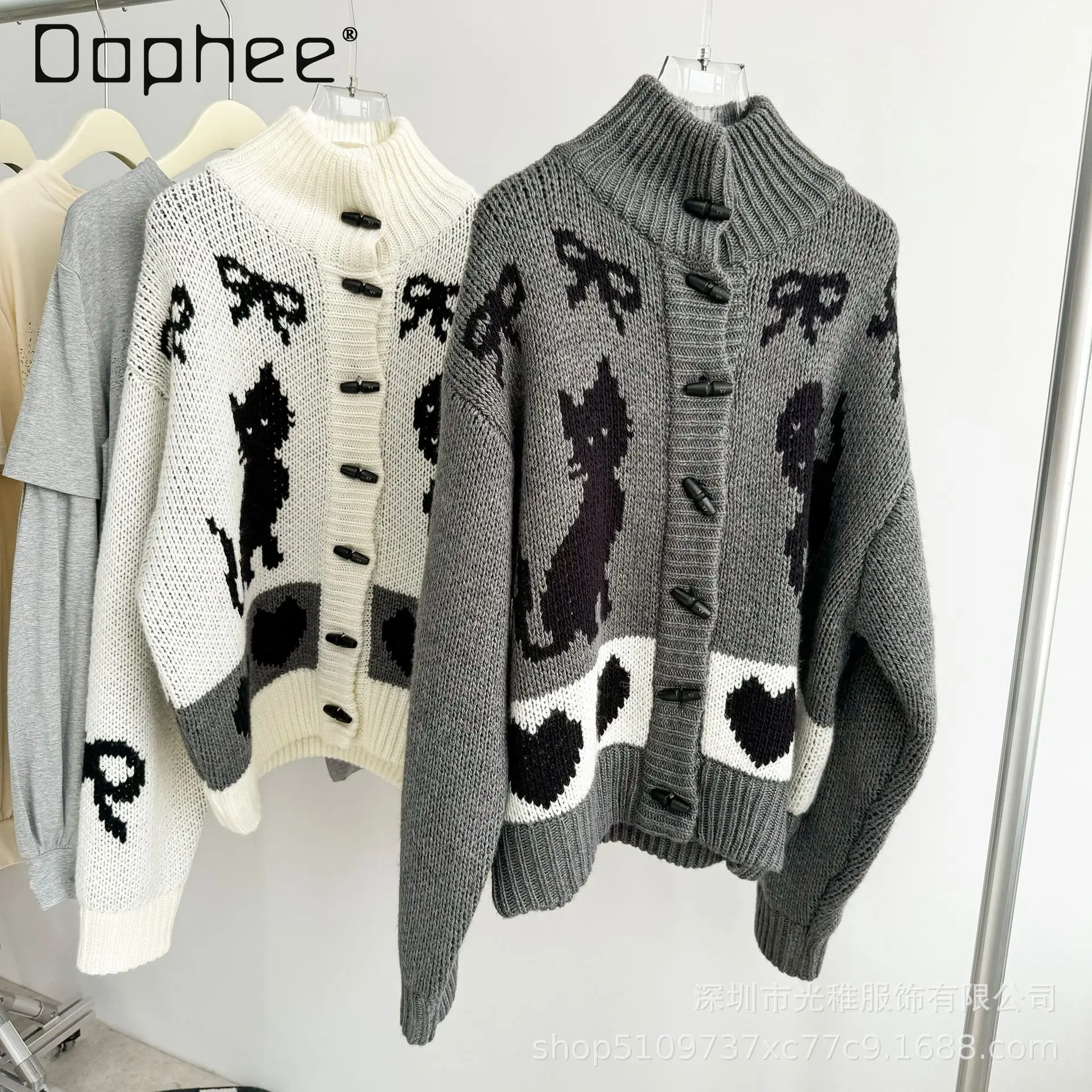 

New Cute Cat Dog Jacquard Wool Cardigan Wooden Button Mock Turtleneck Loose Knitted Sweater 2024 Autumn and Winter White Gray