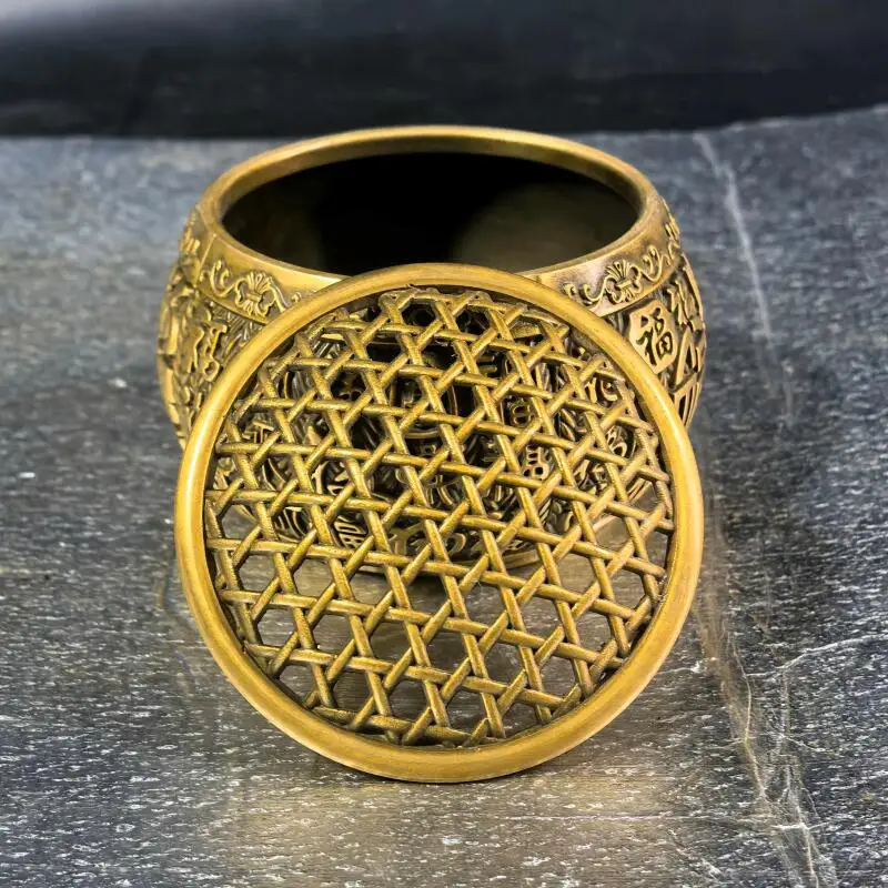 Antique copper collection hollow relief Baifu net cover incense burner home tea ceremony handicraft ornament