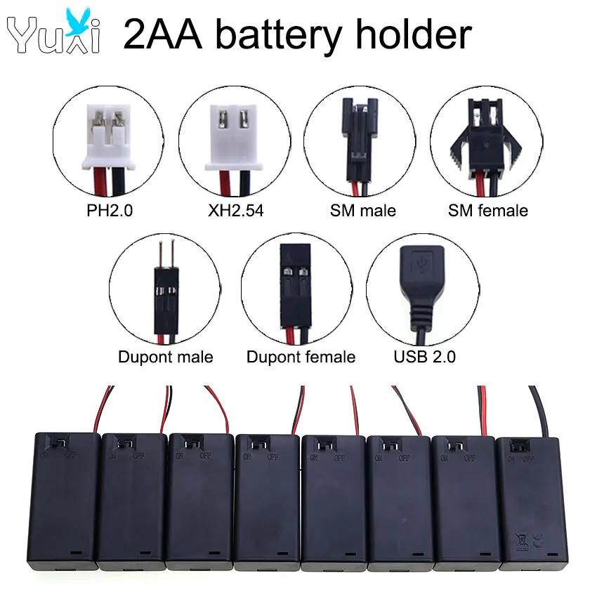 YuXi Batterie-Aufbewahrungsbox, 2 x AA-Batteriegehäuse mit Abdeckung, Schalter und Anschlussleitung, USB-Stecker, Dupont SM PH2.0 XH2.54 Stecker