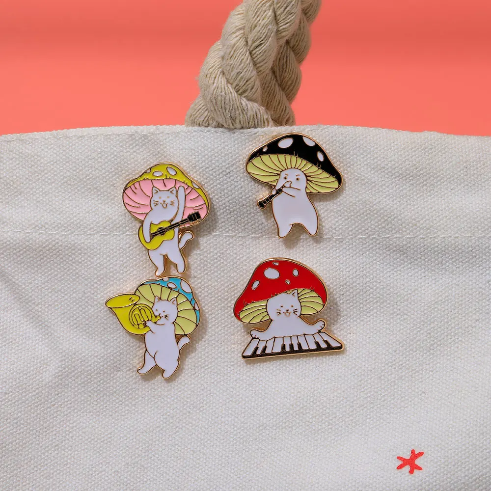 Cute Music Mushroom Cat Enamel Pins Guitar Saxo Flute Piano Singing Kitty Brooches Bag Backpack Coat Jewelry Wholesale