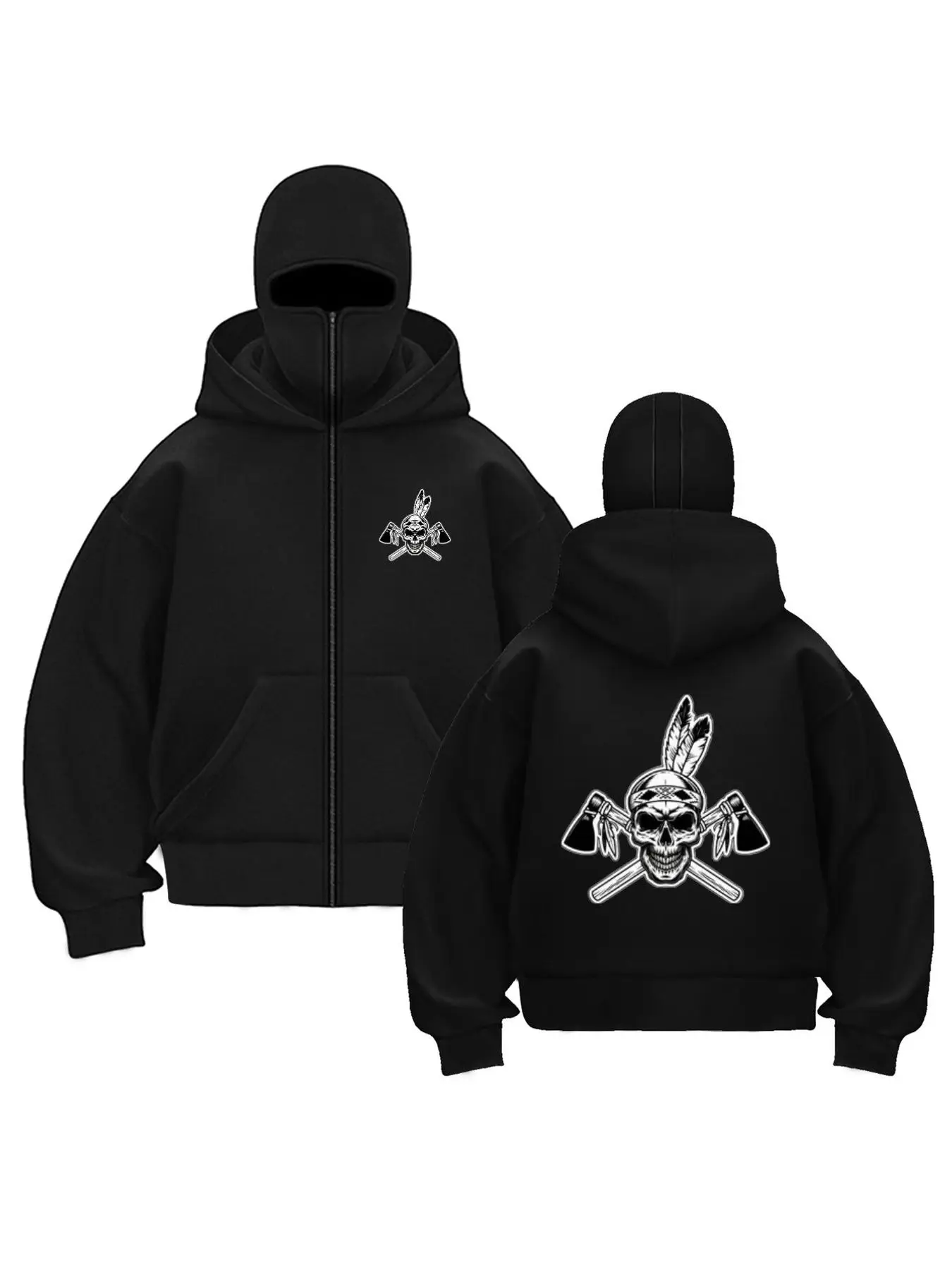 Moletom com Capuz Unissex com Estampa de Crânio, Machado e Pena, Ajuste Regular, com Zíper, Estilo Streetwear Hip Hop