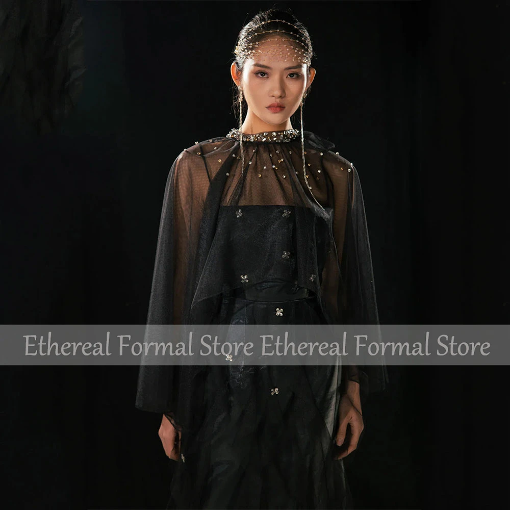 Modernes schwarzes Abendkleid mit Perlenstickerei, trägerloses Meerjungfrau-Damen-Abendkleid mit Schal, ärmellos, Trompete, lange formelle Kleider