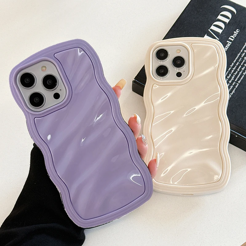 

3D Wave Lines Curly Water Ripple Ruffle Shockpoof Phone Case For iPhone 15 Pro Max 16 14 13 11 12 Candy Color Glossy Back Cover