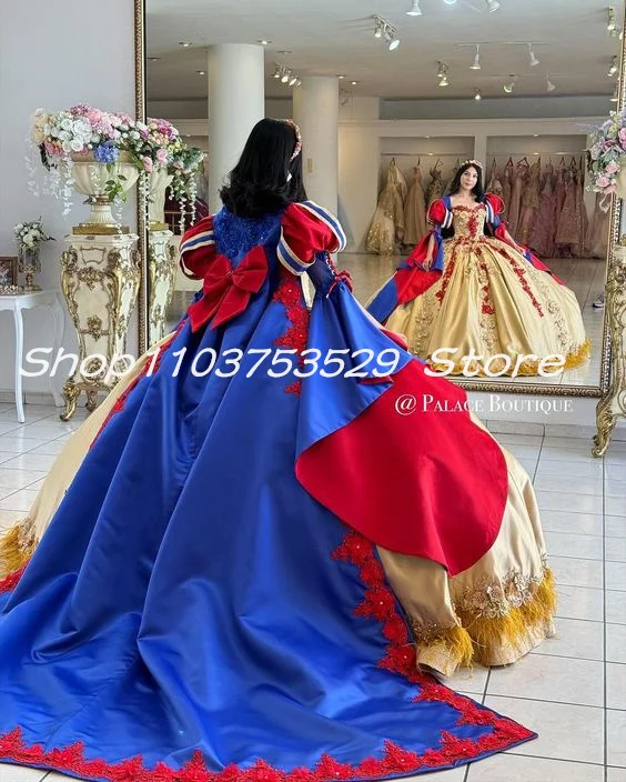 Gaun Quinceanera putri emas biru gaun peri lengan panjang korset renda kustom 15 auhos quinceaera