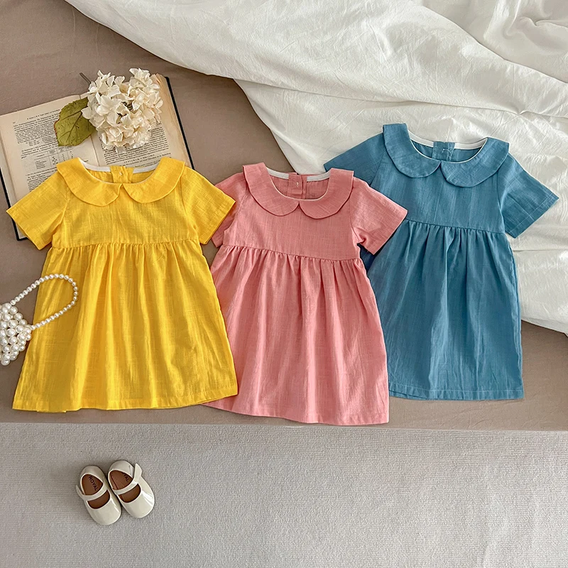 

2024 New Summer 2-6Yrs Baby Girls Princess Dress Short Sleeved Linen Cotton Solid Color Kids Party Dress Sisters Clothes