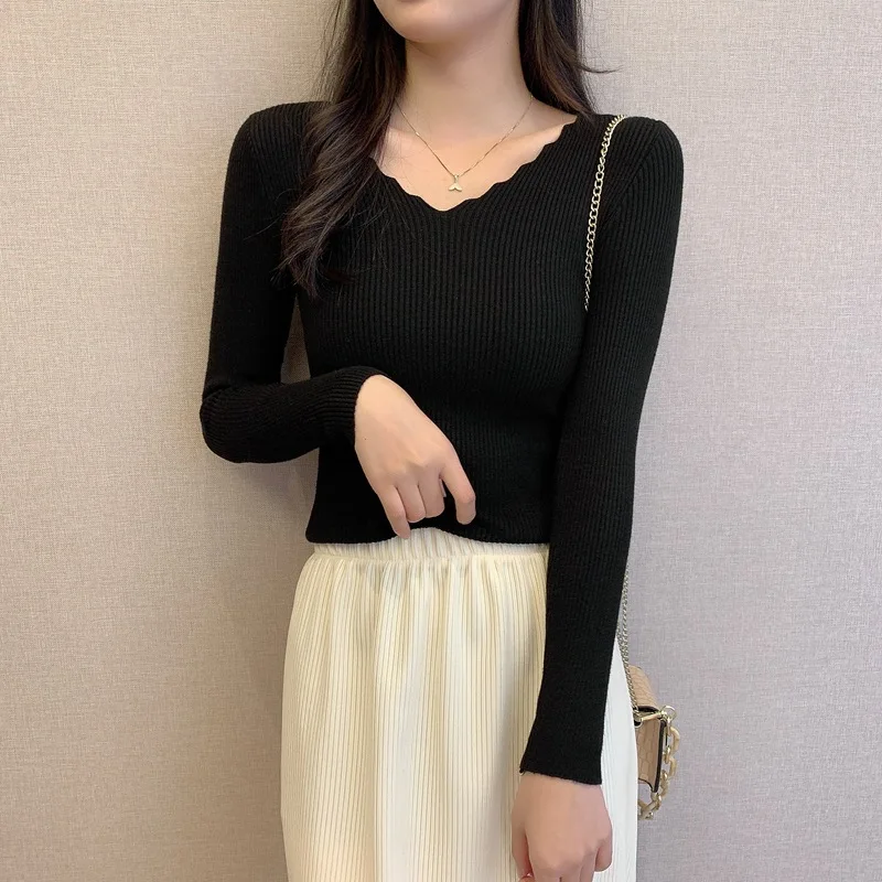 2024 Autumn Long Sleeve Sweater Winter Spring Pullover Solid Black White Knitted Sweater Top Wave Cut V-neck Basic Office 7809