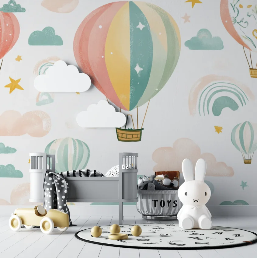 Custom Cartoon Cloud Rabbit Rainbow hot air balloon Children's Room Decorative Background Painting Wall Sticker 3d wallpaper