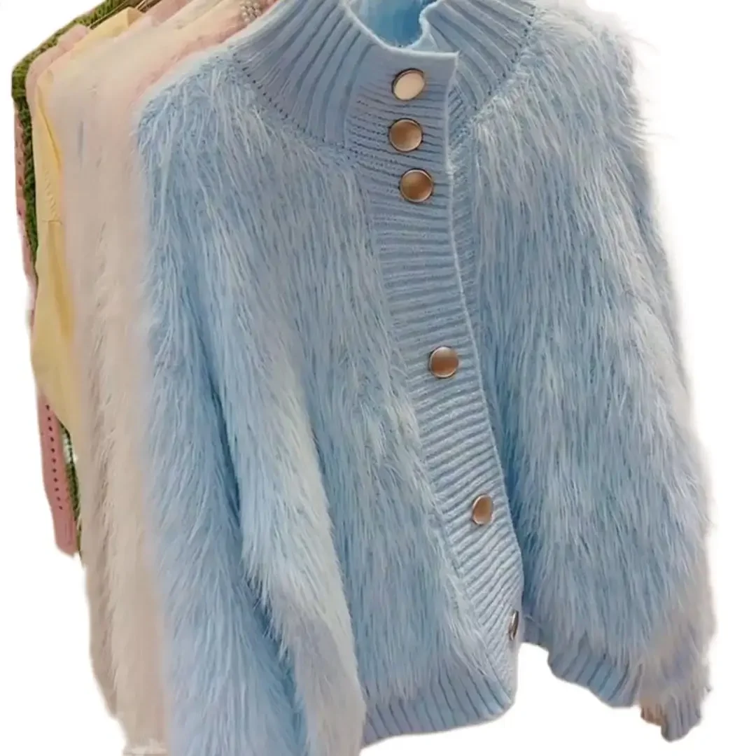 Moda toque francês sem manga botão detalhe elegante camisola de pescoço alto feminino solto ajuste de malha topo chique estilo preguiçoso