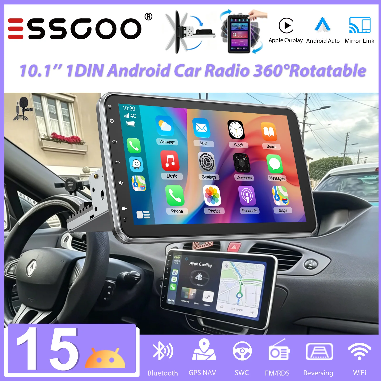 ESSGOO 10,1" Android 15 Autoradio 4GB+64GB 360 °   Manuell drehbarer Touchscreen, universelles kabelloses Carplay, Bluetooth, GPS-Navigation, RDS, FM, WLAN, Mirror Link, Lenkradsteuerung, Mikrofon