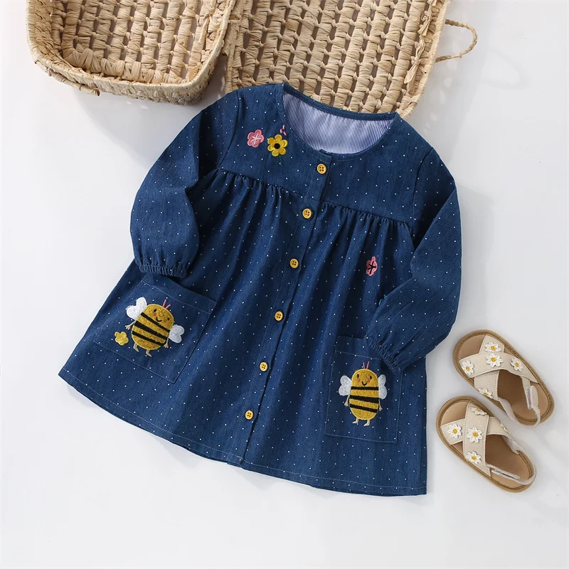 Jumping Meters 2-7T Princess Girls Dresses Buttons Bee Embroidery Autumn Spring Baby Clothing Long Sleeve Frocks Toddler Dress