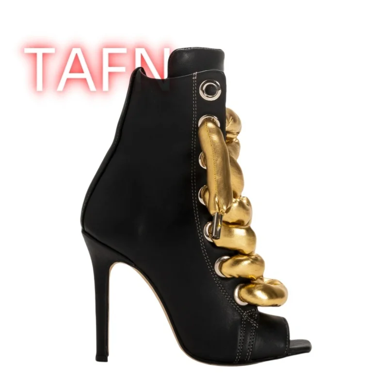 Black Gold Shoes Lace Boots, Sexy Peep Toe Stiletto Heels Booties, Ankle Boots for Women, Footwear for Parties Street Style