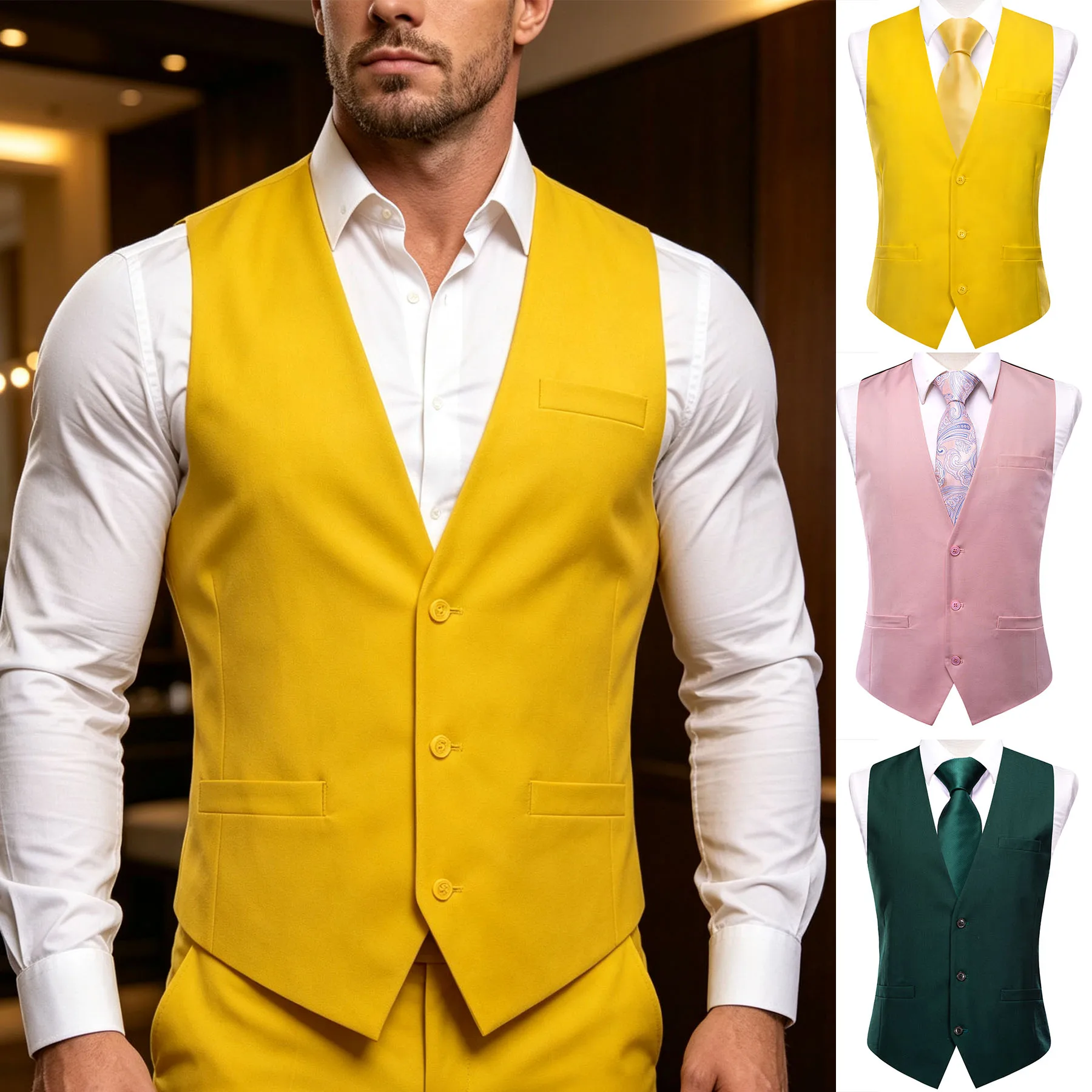 Men's Solid Color Clean V-Neck Pink Yellow Green 3-Button Waistcoat Single Piece Without Accessories Suitable for Weddings Dates