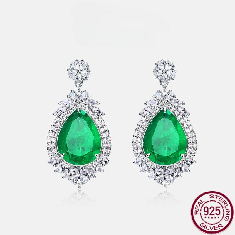 

New S925 pure silver emerald earrings with water droplet green glass earrings, vintage wedding jewelry