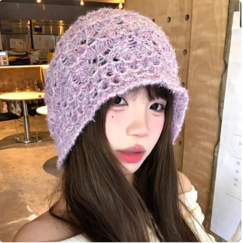 

Korean Handmade Mixed Color Crochet Cut-out Pullover Hat for Women's Spring and Summer Fashion Travel Knitted Beanie Caps