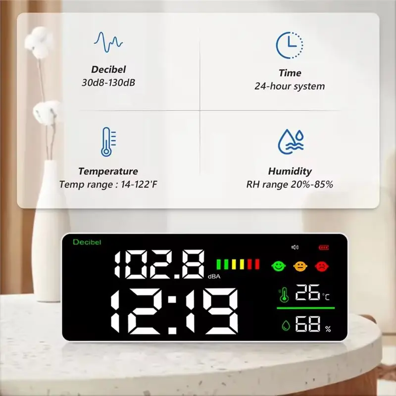 A19F-4-в-1 цифровой измеритель децибел, настенный измеритель уровня звука, измеритель шума, диапазон 30-130 дБ, 11-дюймовый большой светодиодный дисплей, многофункциональный