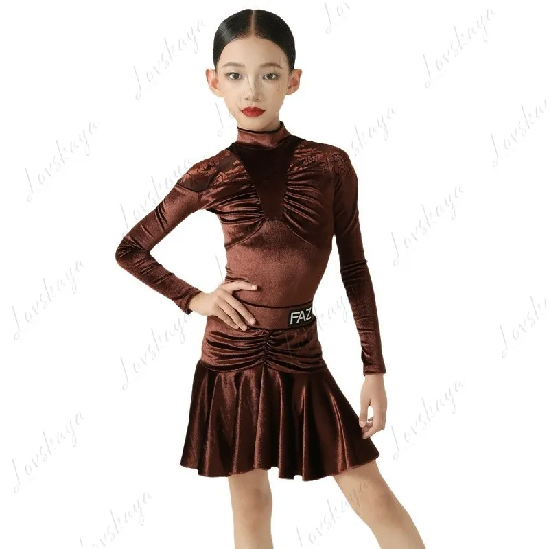 子供用冬春用女の子ラテンダンス練習服、子供用パフォーマンストレーニング・練習服