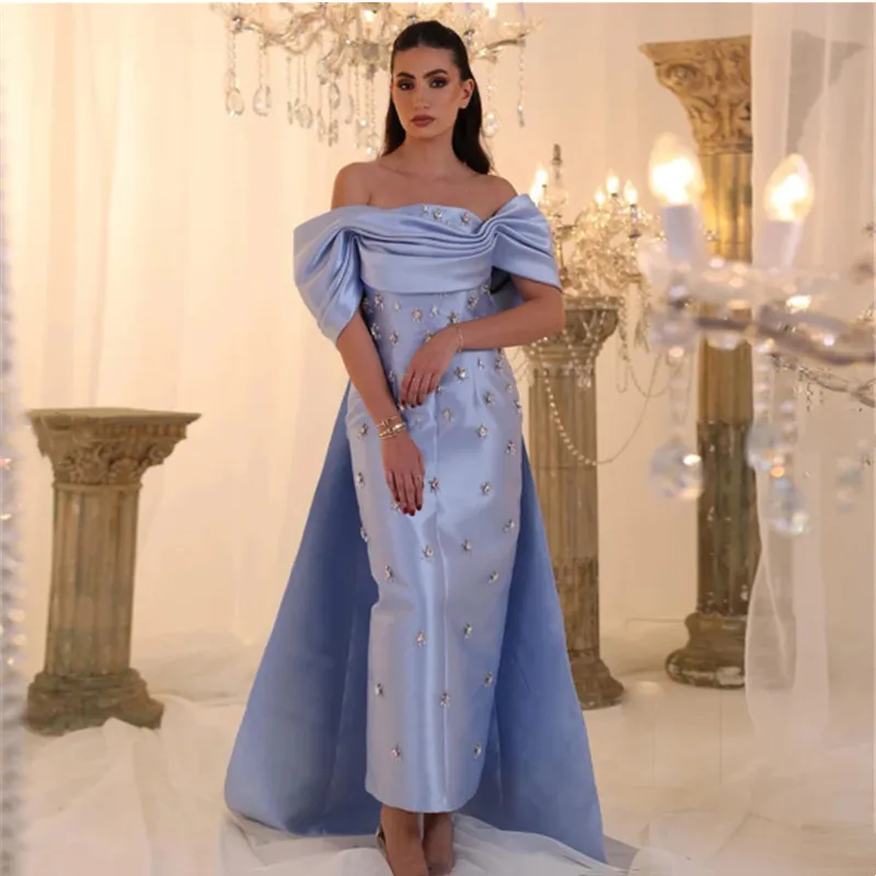 Elegant Purple Satin Sheath Prom Dress Simple Off The Shoulder Pleat Crystal Party Dress  فستان سهرة Sleeveless Sexy Ba