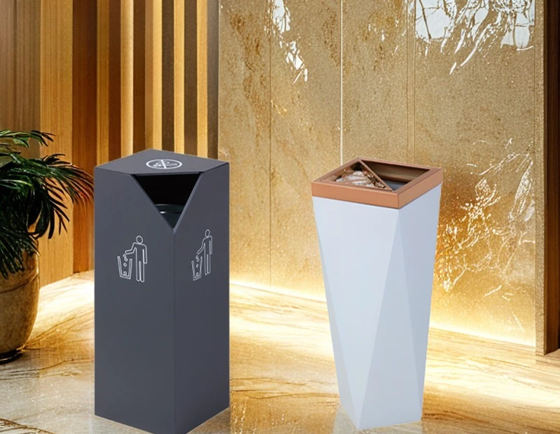 Stainless steel trash can square with ashtray lobby elevator entrance geometric seat ash bucket