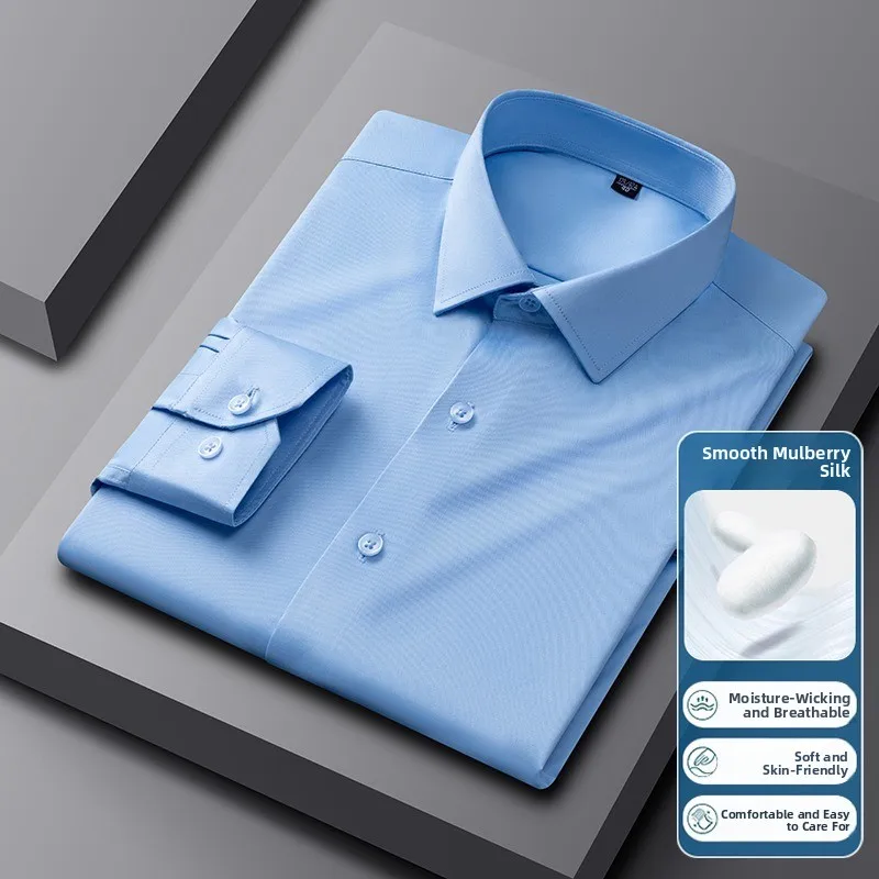 Spring Autumn Luxury Silk Long Sleeve Shirt Anti-Wrinkle Easy Care Casual Men's Business Formal Wear Standard Fit Button Detail