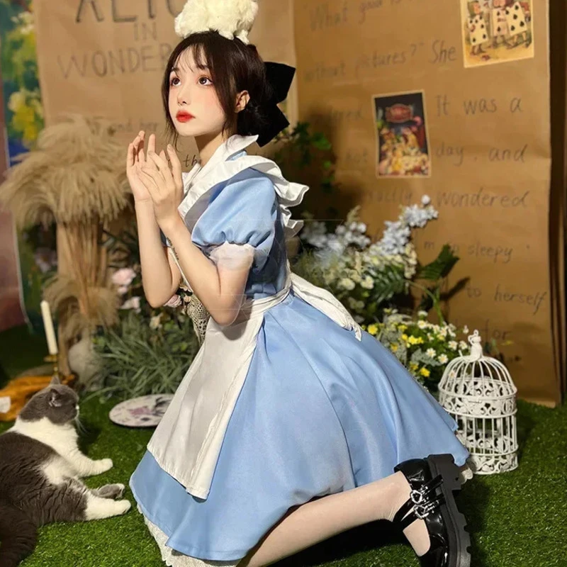 Robe Lolita OP à Manches Courtes pour Femme, Tenue de Soirée Bleue, Vêtement de Sauna, Tablier, Costume de Cosplay d'Halloween