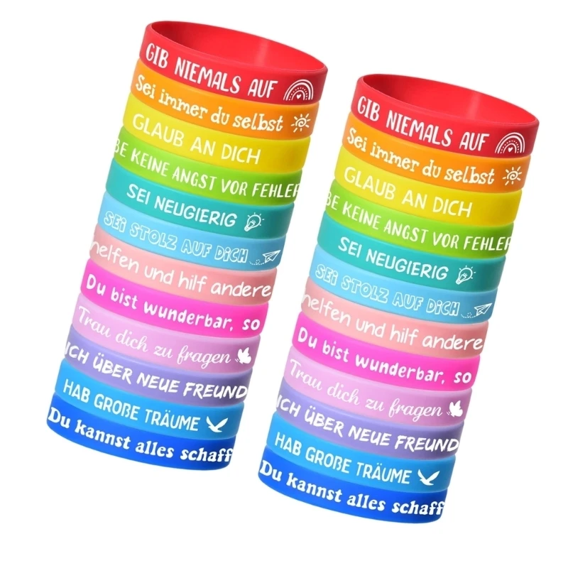 Colorful Motivational Wristbands, 24 German Message Bands for Party Handouts, Classroom Rewards and Group Sharing 15UB