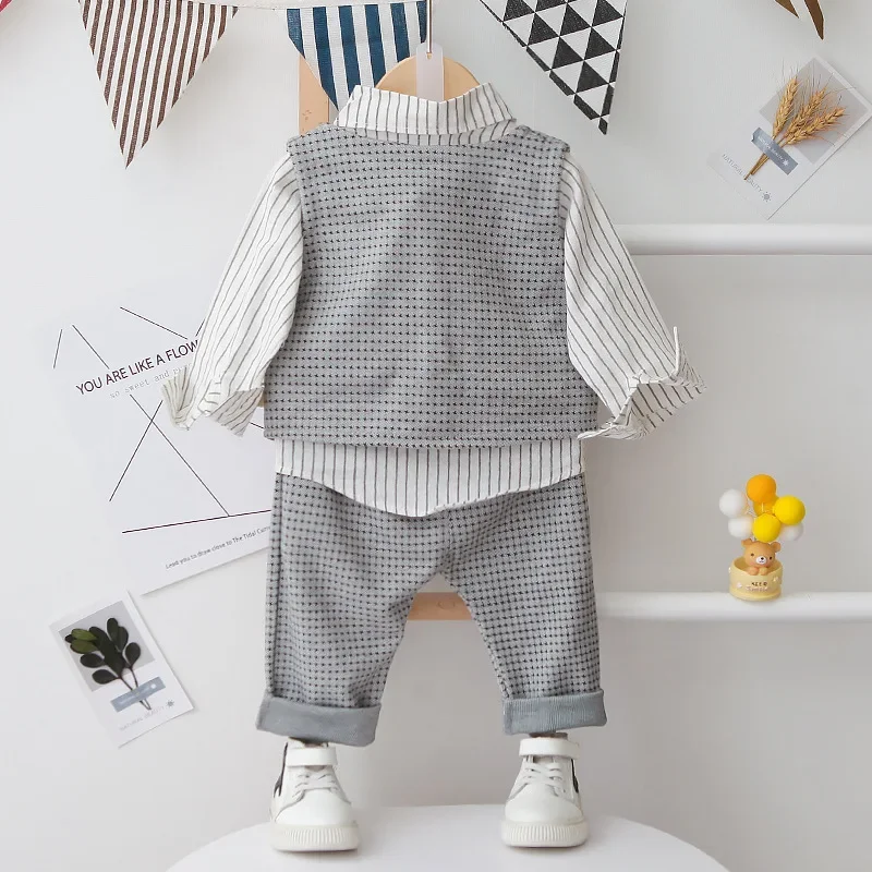 Chemise rayée en coton pour nouveau-né, gentleman, fête de mariage, ensemble de mode pour bébé garçon, gilet et pantalon, 3 pièces, nouveau