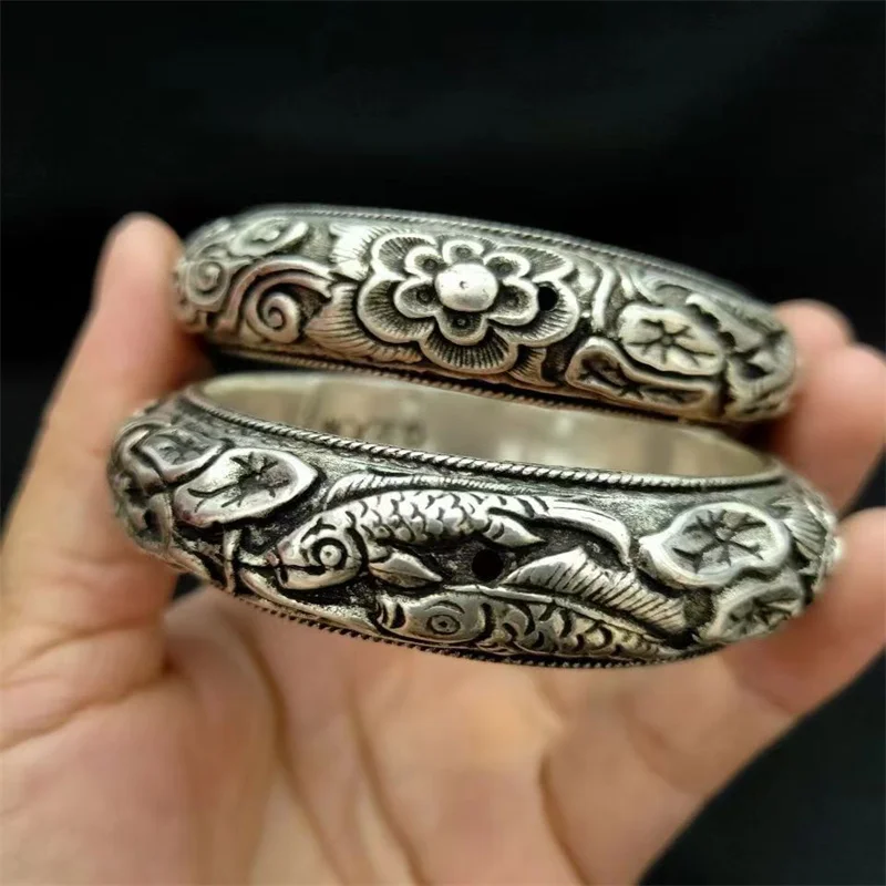 

Mai Chuang/ Vintage Old Tibetan Silver Fish Playing Lotus Bangles Exquisite Jewelry Accessories Men Women Couple Bracelet Gift