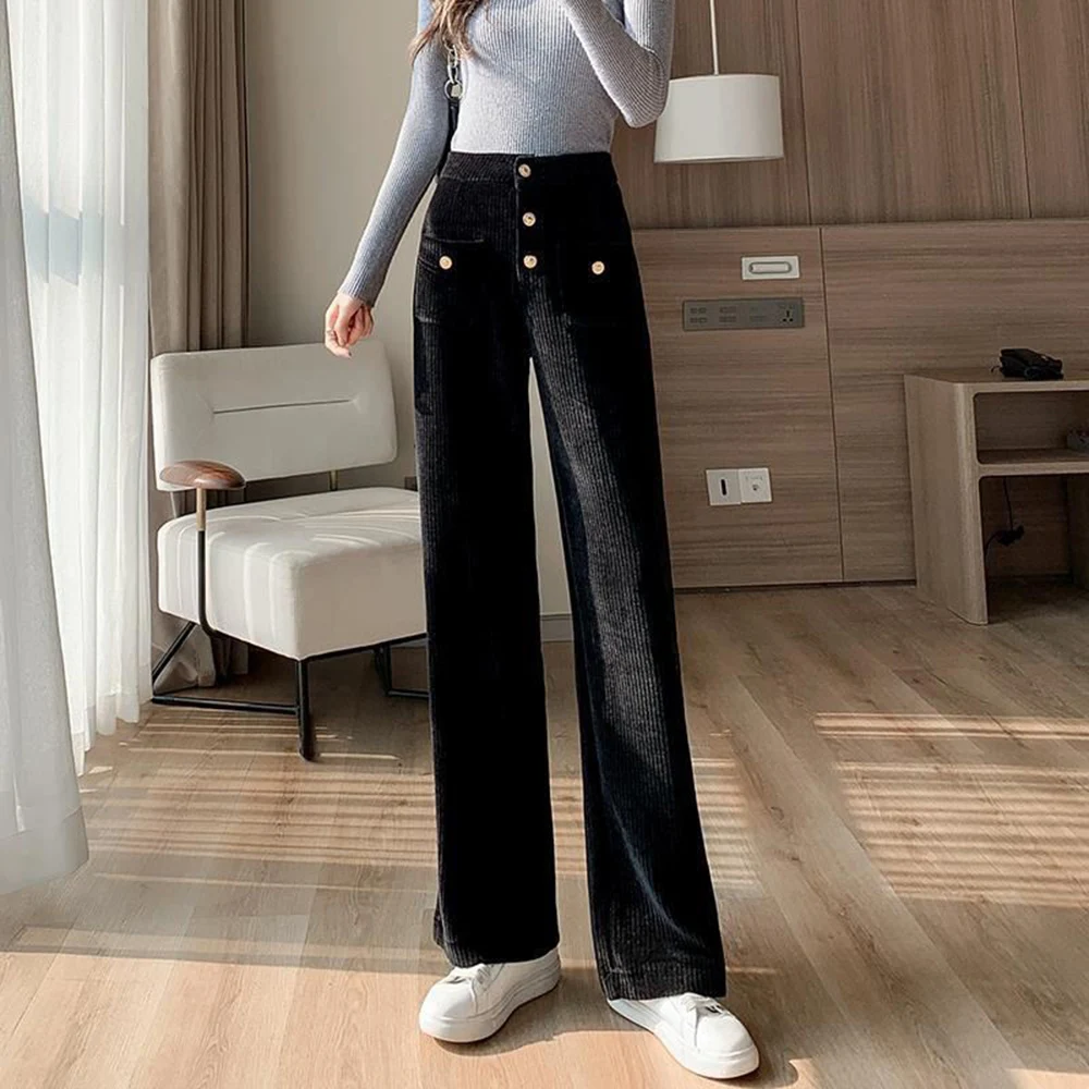 Plush Velvet Corduroy Single-Breasted Straight Pants Women's Autumn Winter Warm Loose High-Waisted Versatile Flared Trousers