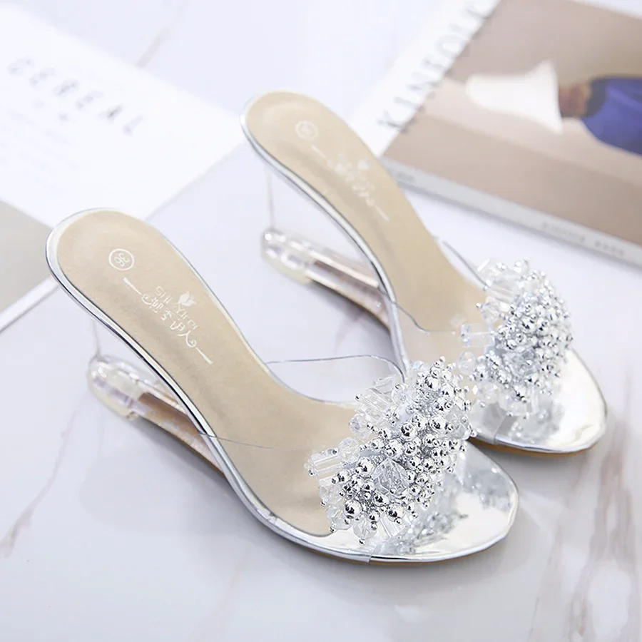 Summer New Wedges Sandals Women Sexy Crystal Transparent High Heels Glass Slippers String Bead PVC Slippers Fashion Shoes 986