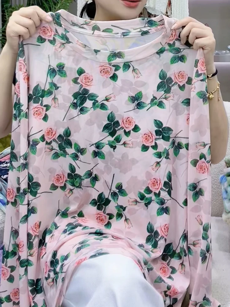 

Весна 2024, новинка, роскошная легкая круглая футболка больших размеров с цветочным кружевом из ледяного шелка, защита от солнца, длинная женская футболка Faion