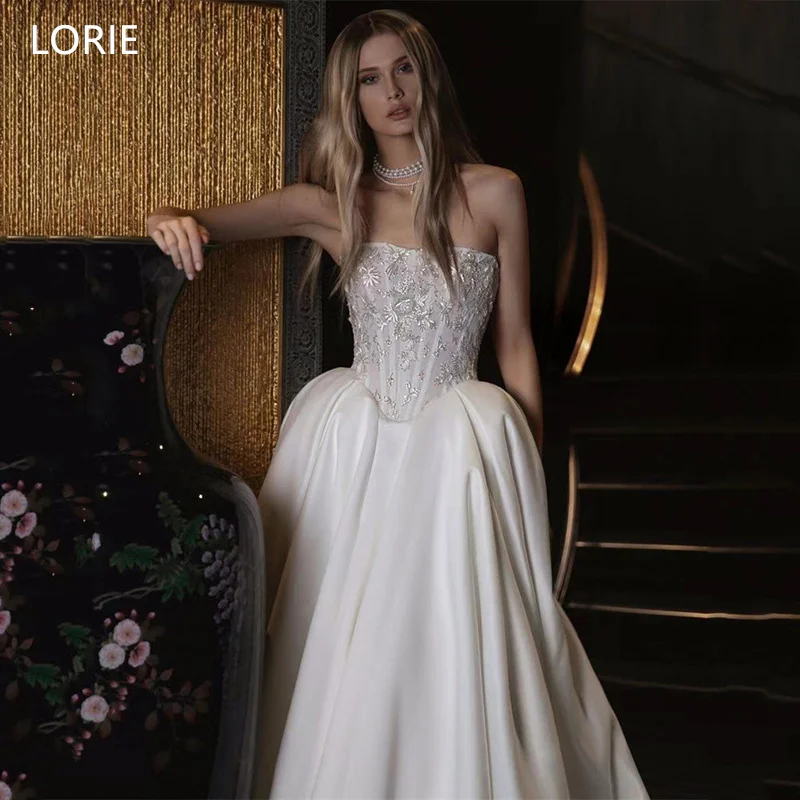 

LORIE Ivory Appliques Wedding Dresses A-Line Strapless Bride Prom Gown Sleeveless Floor-Length Pleat Bridal Gown Customized