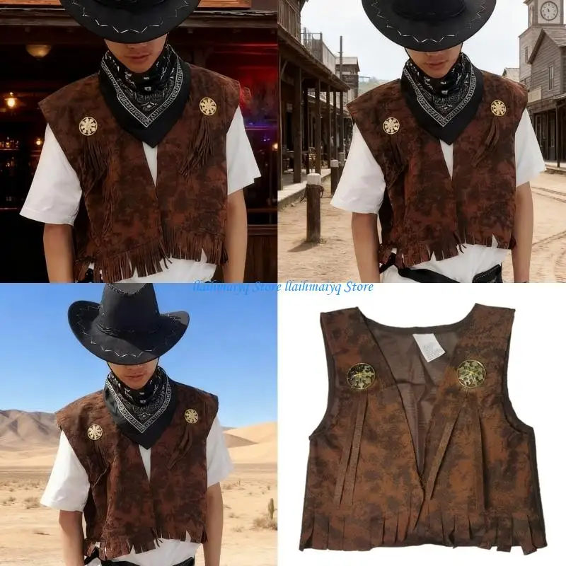 573B Open Front Suedes Fringe Vest Waistcoat Western Outfits Western Cowboy Costume