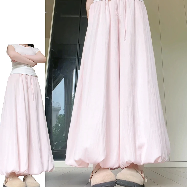 กางเกงขายาวเอวสูงทรงขาบานสีชมพูฟูฟ่องสำหรับผู้หญิง สไตล์ลำลองใส่สบายช่วงฤดูร้อน ช่วยให้ดูผอมลง