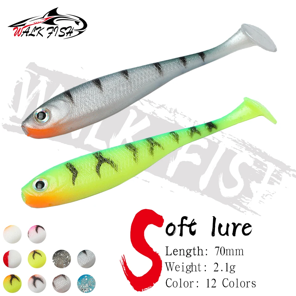 SPAZIERGANG FISCH 5PCS 7cm 2,1g T-Schwanz Rockvibe Weichen Köder Künstliche 3D Fisch Auge Wurm wobbler Köder Für Jig Kopf Predator Angeln Locken